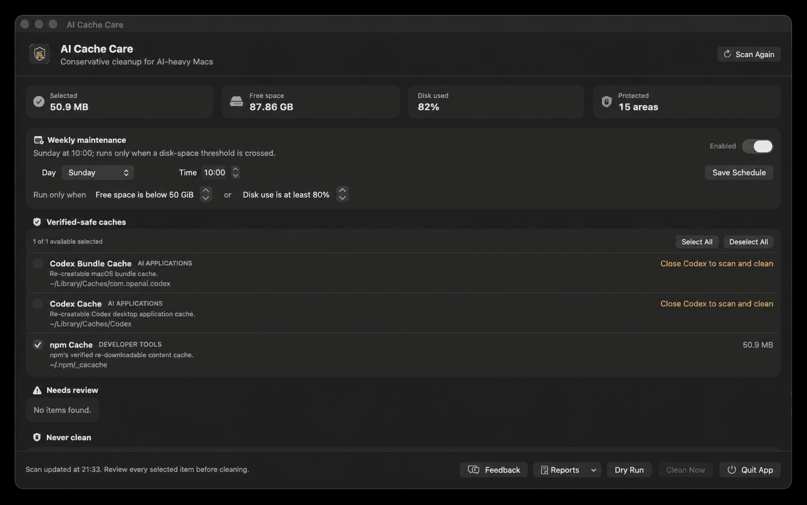 AI Cache Care macOS app showing verified-safe cache cleanup controls