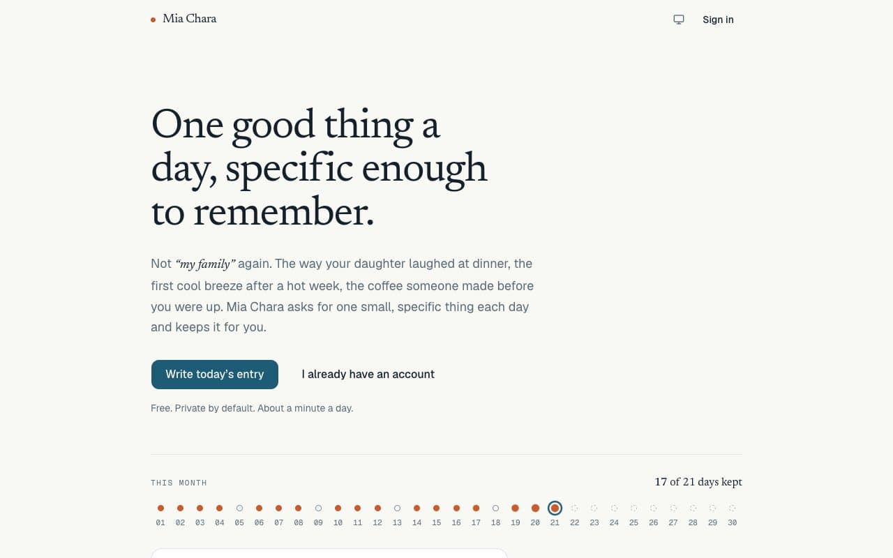 Screenshot of the Mia Chara homepage