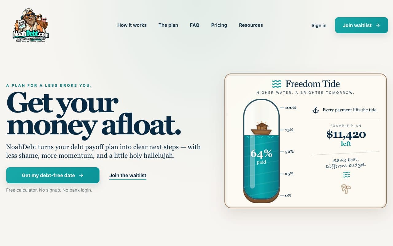 Screenshot of the NoahDebt homepage